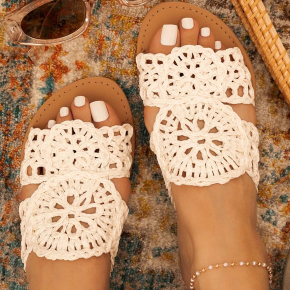 NEW Off White Crochet Lace Raffia Straw Slip On Slides Slippers Sandals Shoes - Picture 6 of 12